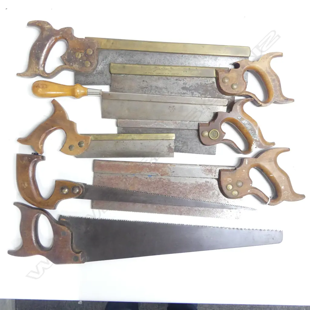 Eight vintage handsaws, mostly smaller, includes hacksaws, tenon, etc. Image 1++