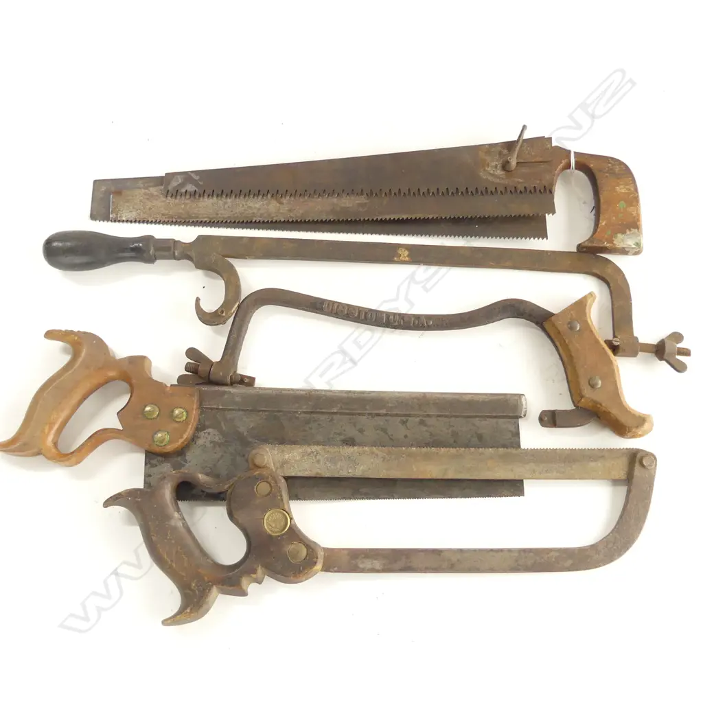 Five old tenon saws, all with bar form backs; three brass, beech wood handles Image 1++