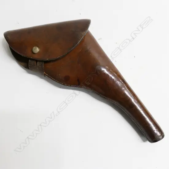 Brown leather-flap type holster with brass stud dome and leather strap,
