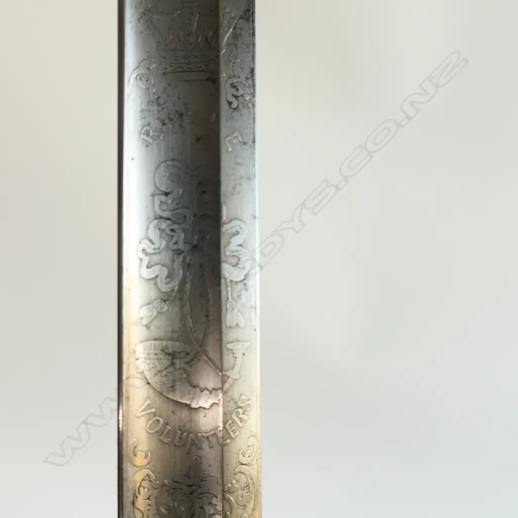 An 1827 pattern Rifle Volunteer's sword, nickel plated hilt with open swept guard, bugle cypher, Image 1++