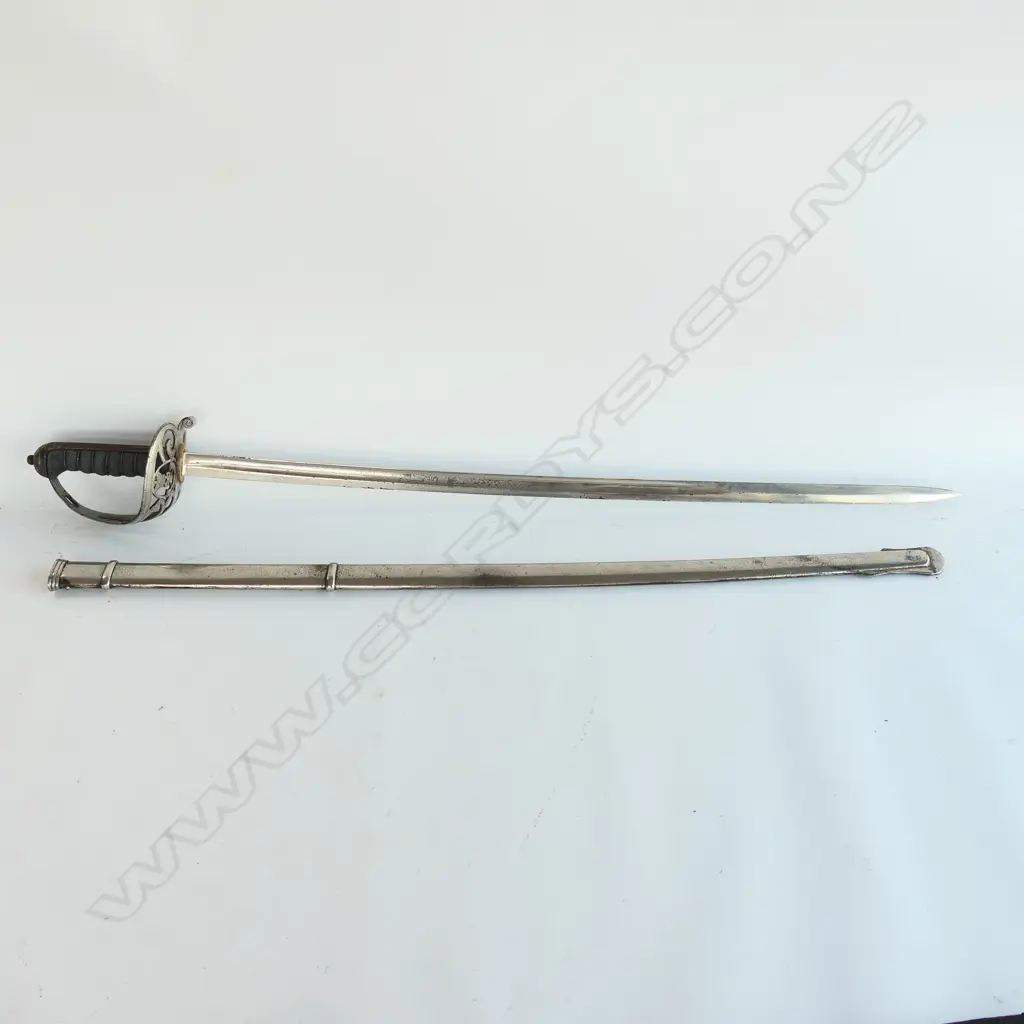 An 1827 pattern Rifle Volunteer's sword, nickel plated hilt with open swept guard with bugle cypher, Image 1++