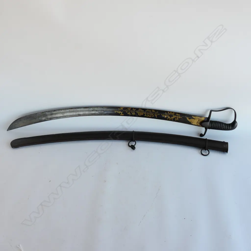 An attractive and scarce, blued and gilt bladed 1796 Pattern Light Calvary sabre and scabbard with 33" (825mm) curved blade, Image 1++