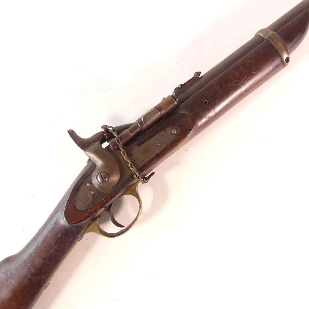 A Snider .577 calibre Mk.III Action Carbine 19" barrel, lock marked crown-over VR, 1862 over Enfield NZ over 87 marked on breech and stock. Image 1++