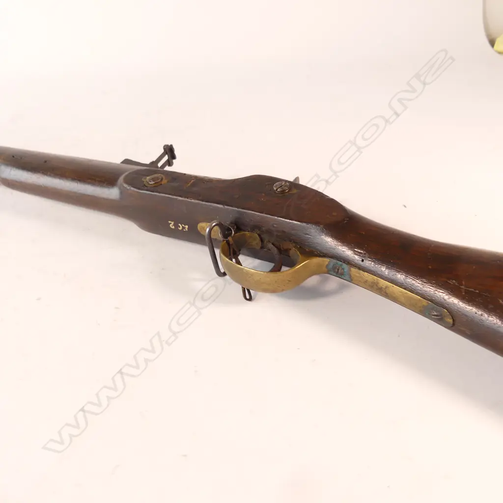 British Pattern 1844 Yeomanry Cavalry Percussion Carbine, .60 caliber ,  20" barrel is 3-groove rifled,  with captive swivel ramrod and retained in stock by two wedges. Image 1++