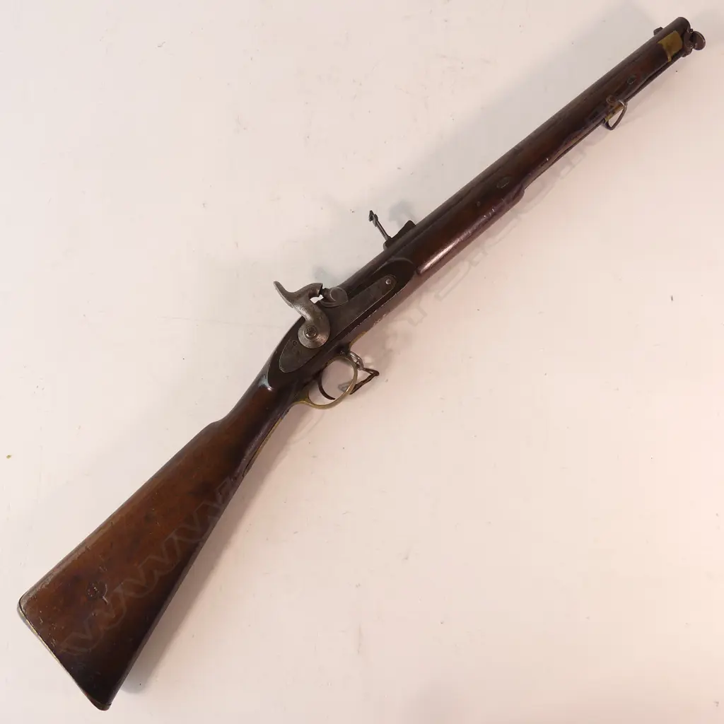 British Pattern 1844 Yeomanry Cavalry Percussion Carbine, .60 caliber ,  20" barrel is 3-groove rifled,  with captive swivel ramrod and retained in stock by two wedges. Image 1++