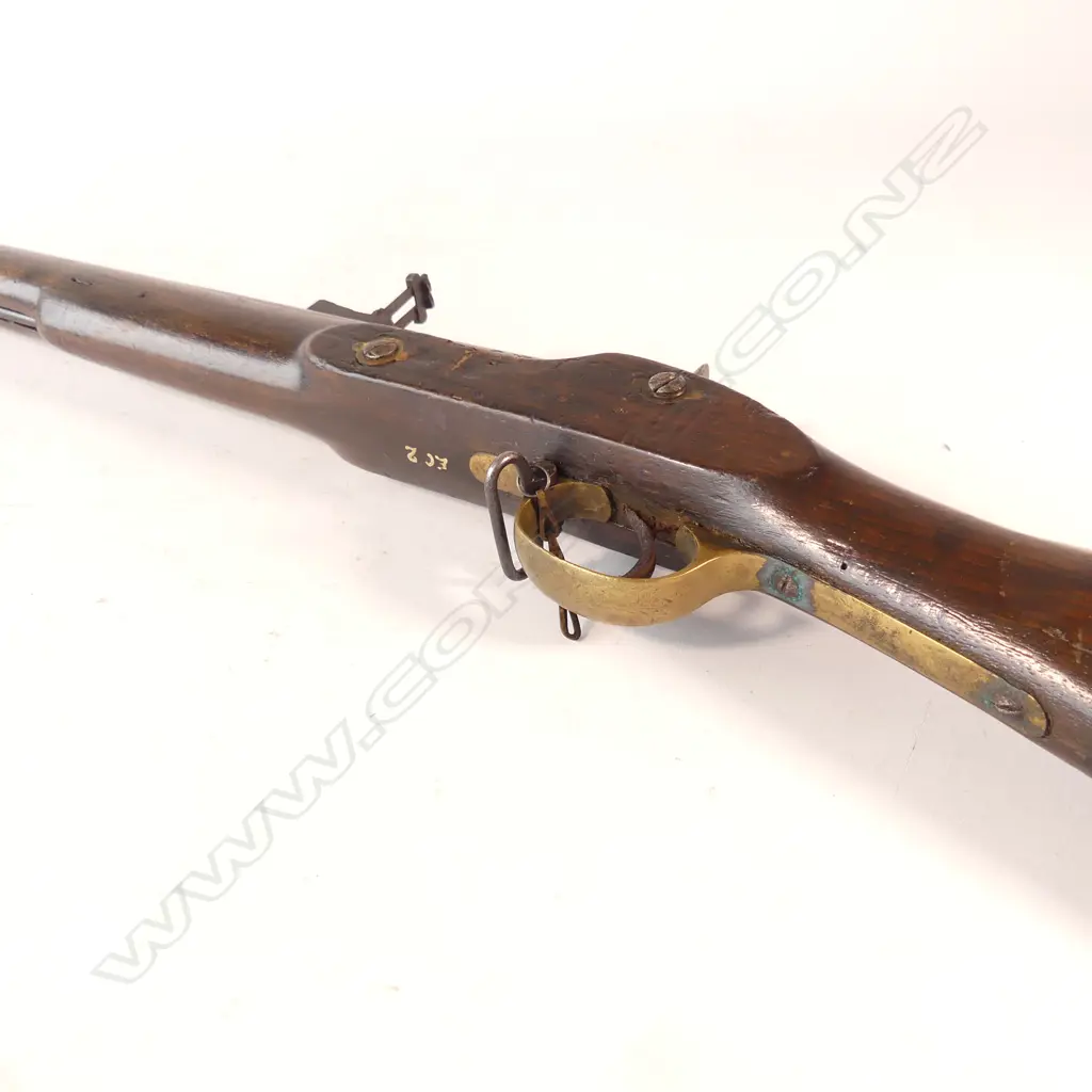 British Pattern 1844 Yeomanry Cavalry Percussion Carbine, .60 caliber ,  20" barrel is 3-groove rifled,  with captive swivel ramrod and retained in stock by two wedges. Image 1++