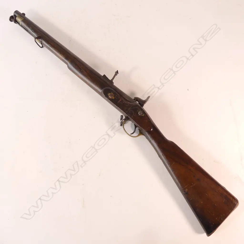 British Pattern 1844 Yeomanry Cavalry Percussion Carbine, .60 caliber ,  20" barrel is 3-groove rifled,  with captive swivel ramrod and retained in stock by two wedges. Image 1++