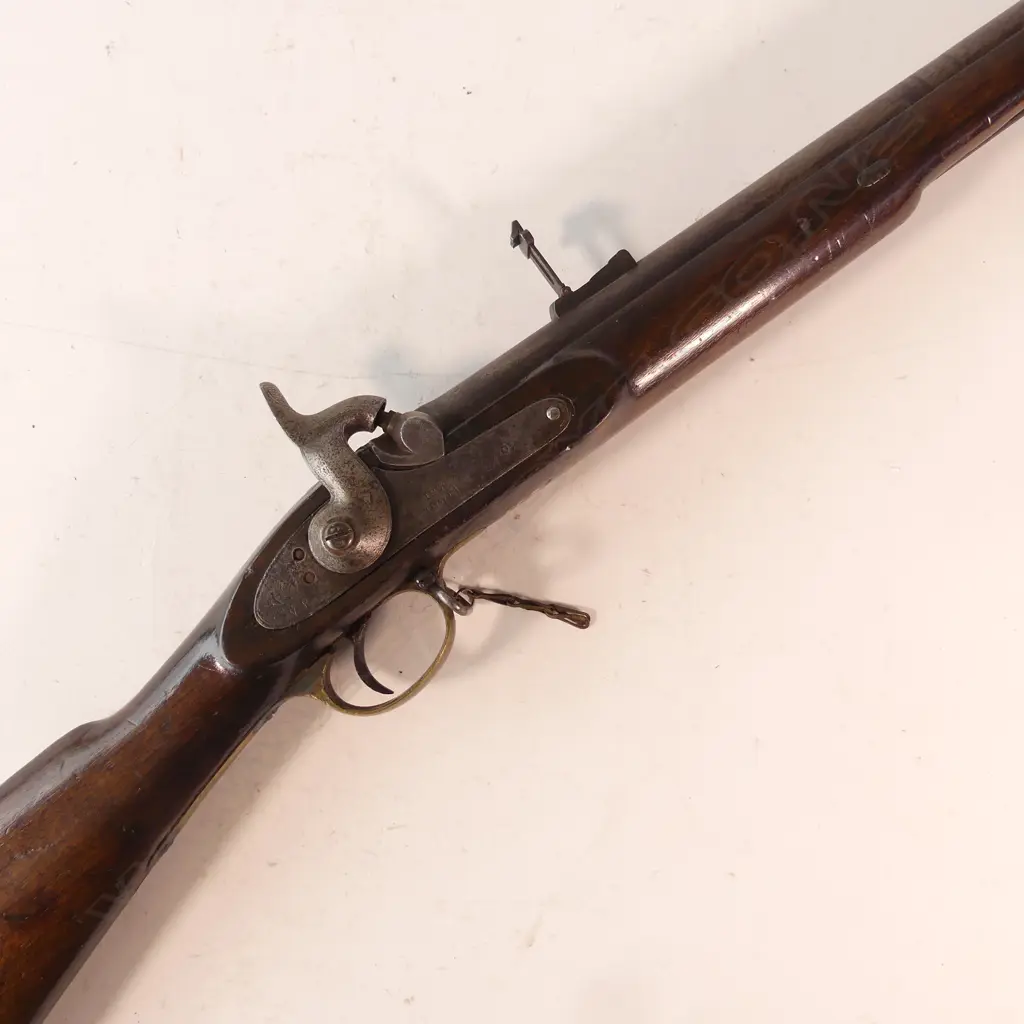 British Pattern 1844 Yeomanry Cavalry Percussion Carbine, .60 caliber ,  20" barrel is 3-groove rifled,  with captive swivel ramrod and retained in stock by two wedges. Image 1++