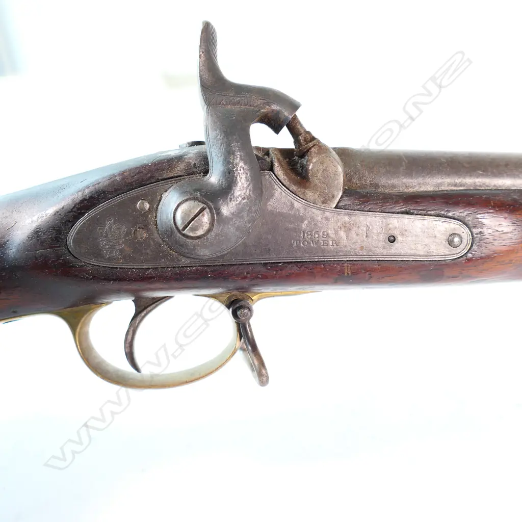 Enfield three-band percussion. Rifle, calibre .577. Lock with 'Crown over VR'  and '1859 Tower'. Image 1++