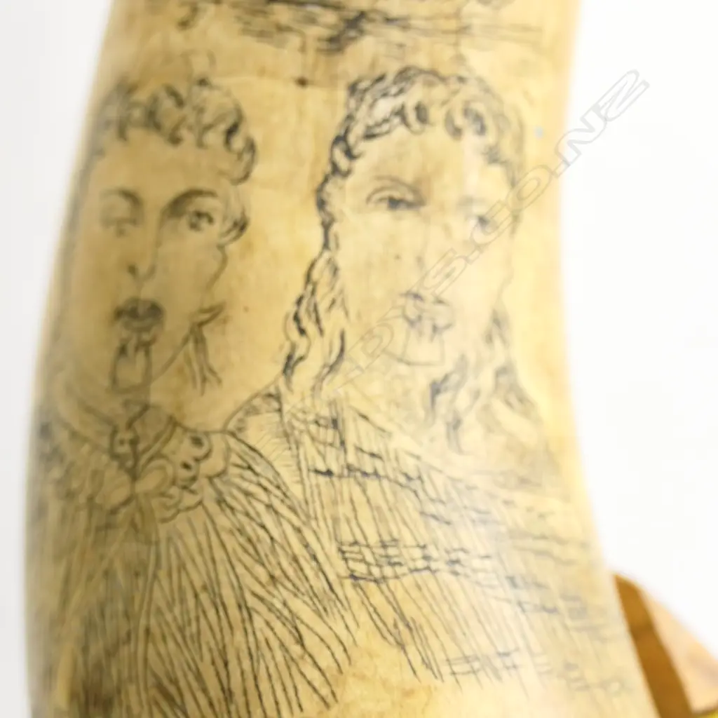 A pair of scrimshaw bullock horns decoratively worked with Māori portraits, weapons, native birds and landscapes, fitted to a wooden mount. W.560mm. Image 1++