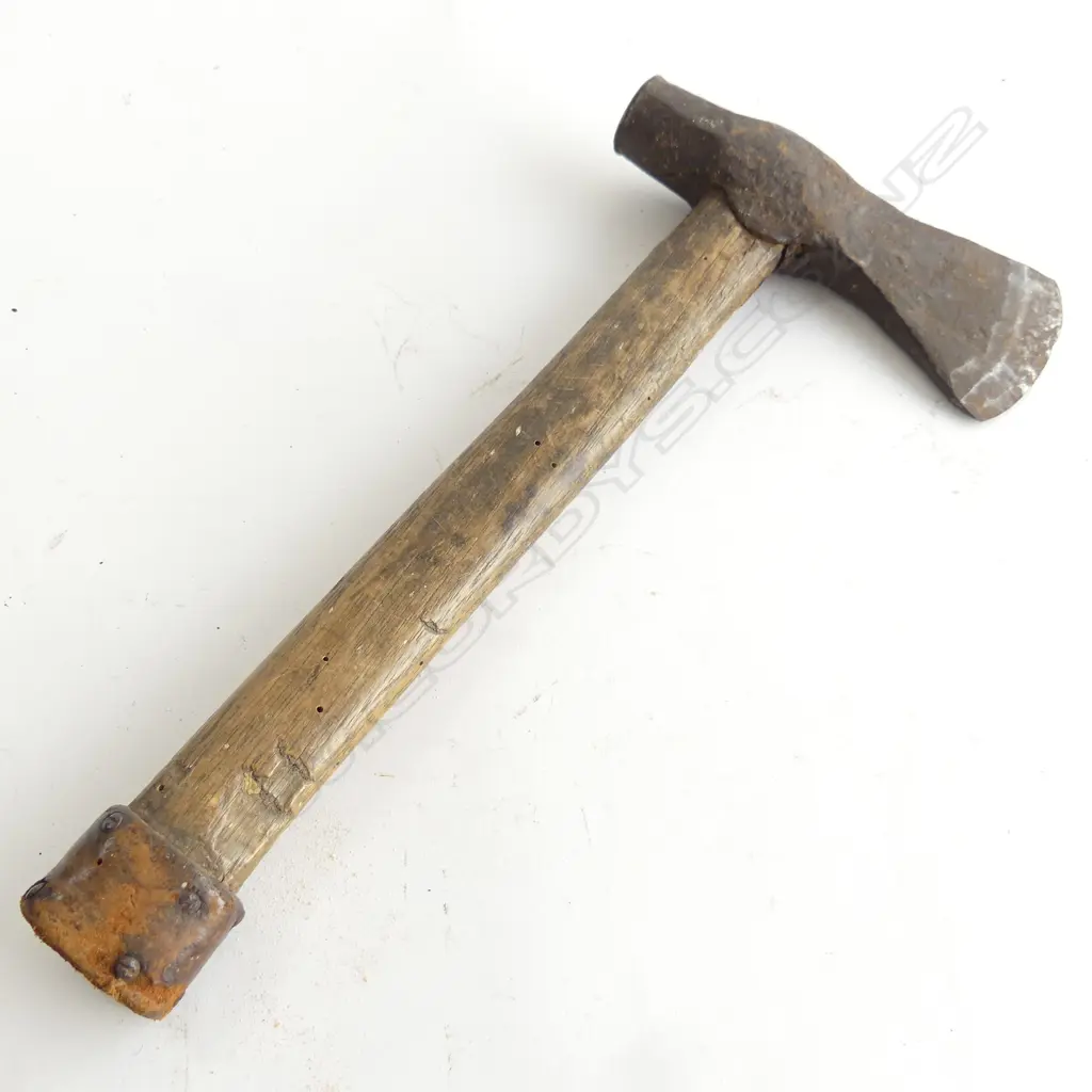 An old settler's axe, short wood handled w cast iron head & leather strapped butt. Borer, L.325mm Image 1++