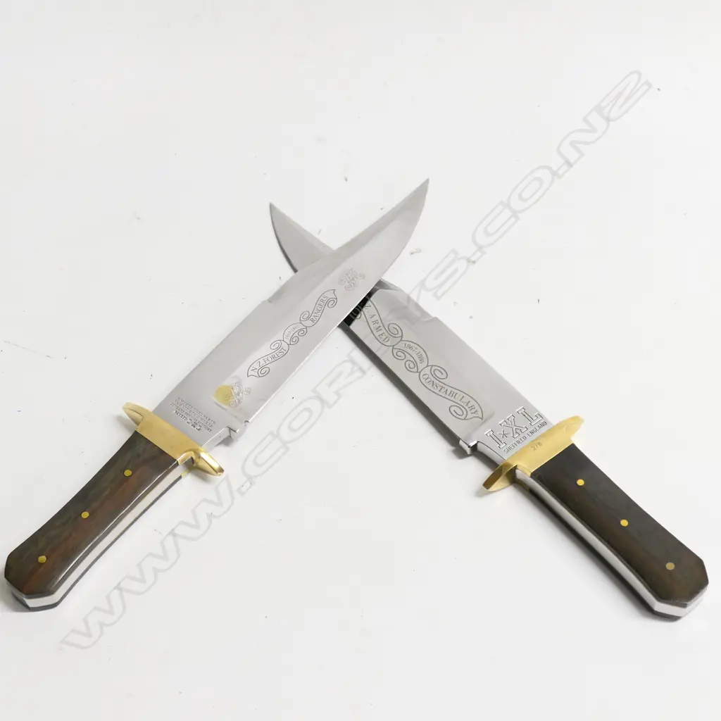 Two substantial 'G. Wostenholm, Washington Works' clip blade 10" Bowie knives by I*XL Sheffield, England, with rosewood coffin handles and brass cross guards, Image 1++