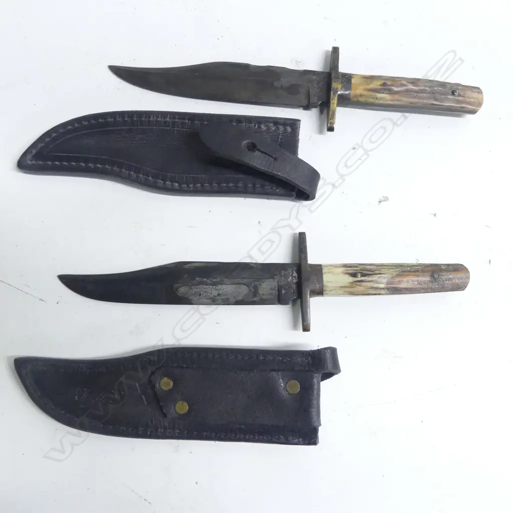 Two replica Wostenholm  clip blade sheath knives by I*XL Sheffield England with simulated antler handles, Image 1++