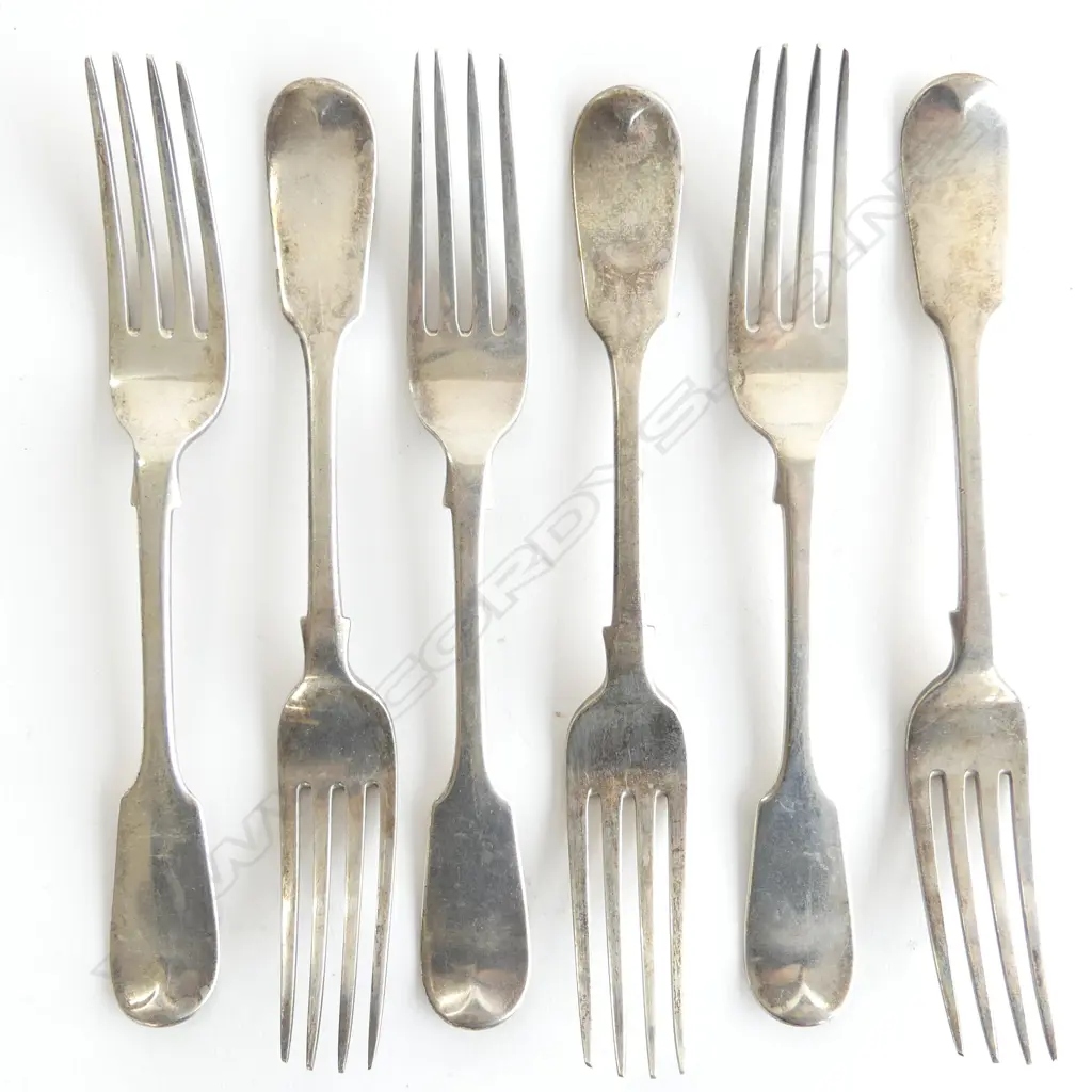 A set of six Victorian period sterling silver large table forks London 1865 by Geo Angel. 448gm. Image 1++