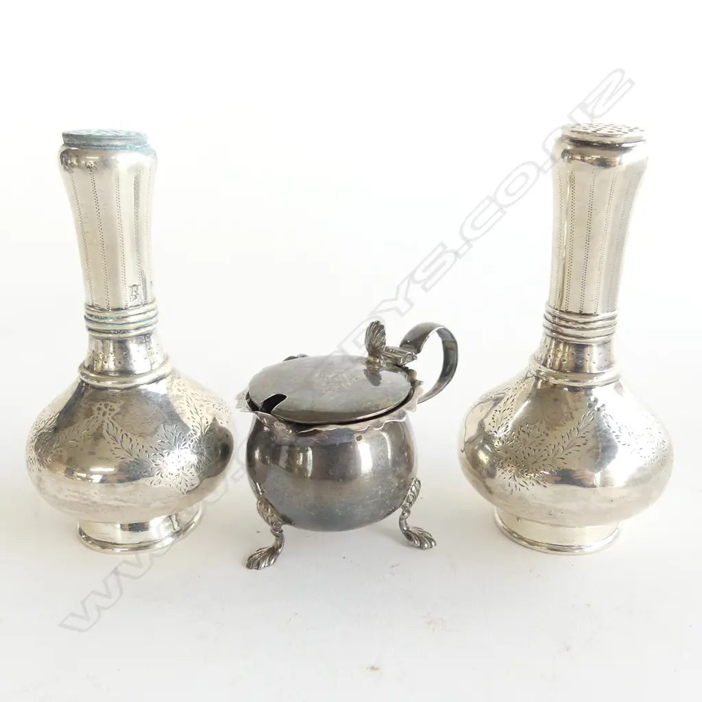 A pair of sterling silver vase shaped pepper shakers London 1856 along with a  silver small mustard pot dented. Total  ~160gm Image 1++