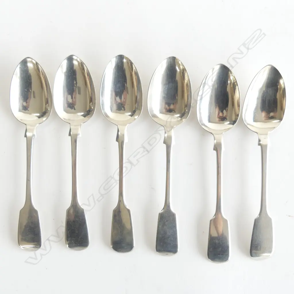 A matching set of six early Victorian period fiddle pattern silver teaspoons Exeter 1854 by Edward Sweet. 100gm Image 1++