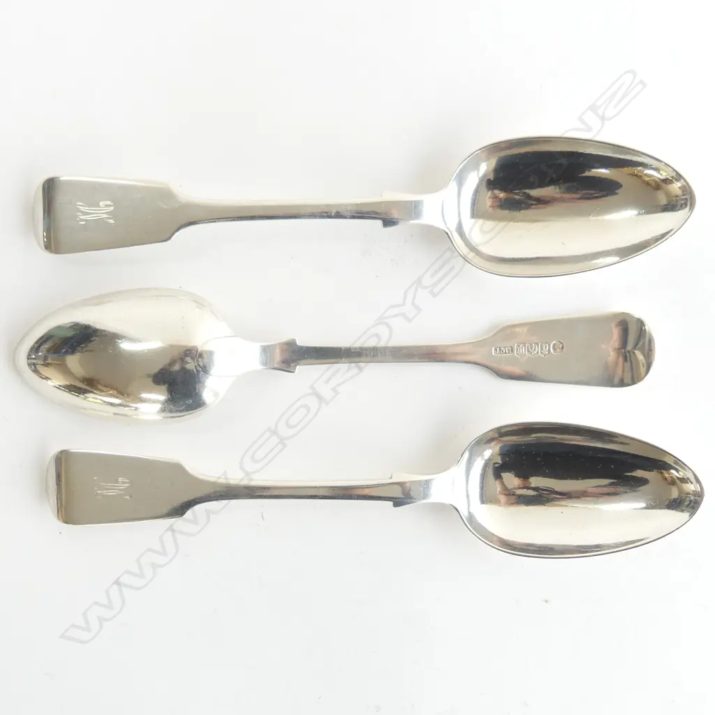 A set of three heavy Victorian period Scottish fiddle pattern silver tablespoons. Glasgow 1855 by John McKay. 215gm Image 1++