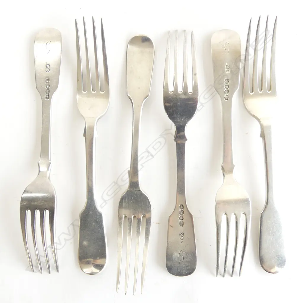 A set of six early Victorian period fiddle pattern silver dessert forks London 1838 maker William Eaton. 320gm Image 1++