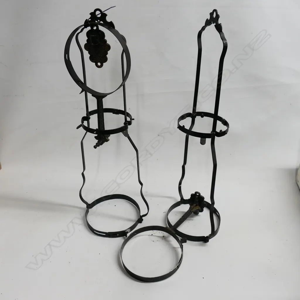 A pair of uncommon steel wall brackets to hold paraffin lamps, and a box of various kerosene lamps in parts Image 1++