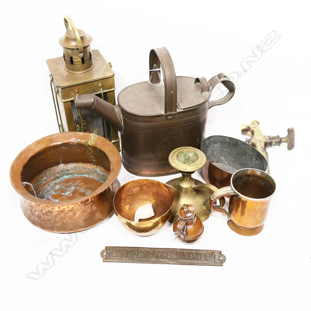 A brass lantern, brass tap, brass candlestick, copper mug and other misc. copper, etc Image 1++