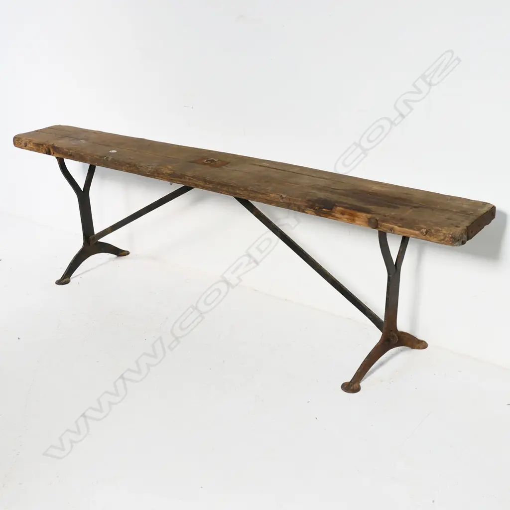Wrought iron based military campaign bench seat. Broad arrow stamp under wooden seat, L.177mm Image 1++