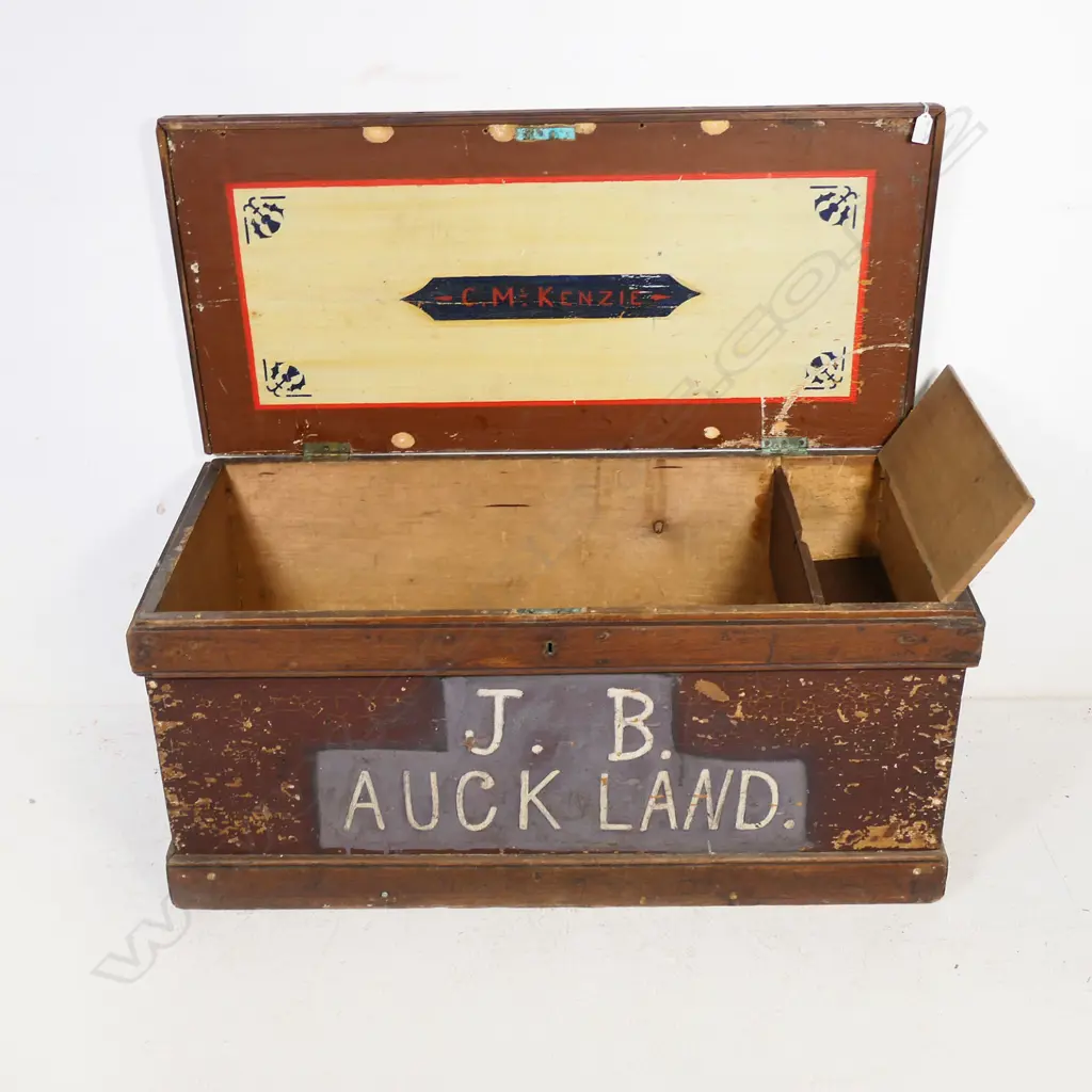A colonial kauri carpenter's chest, dovetailed construction to the sides, plank top, steel carrying handles to the side and with fitted interior. 1040 x 490 x 510mm. Image 1++
