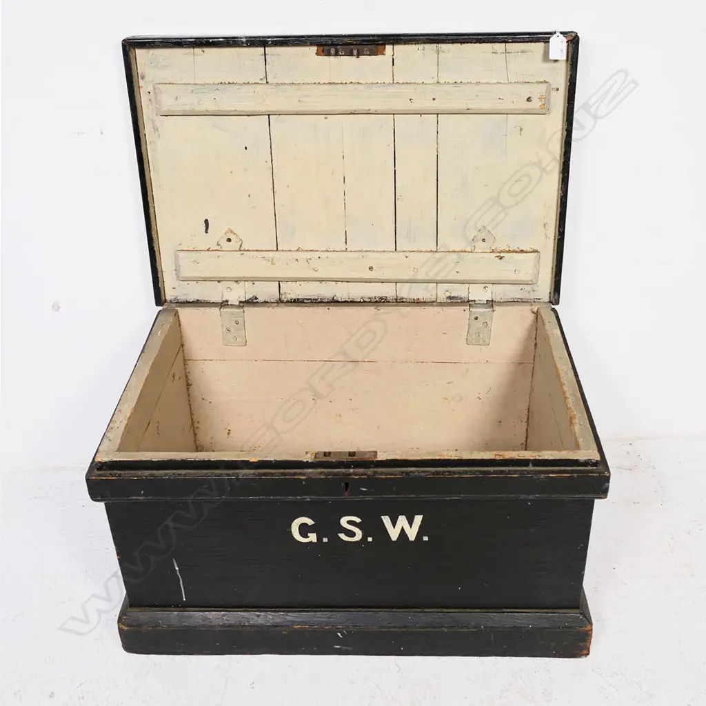 A small Victorian period black painted pine storage box with plinth base. The front initialed G.S.W 660 x 430 x 370mm Image 1++