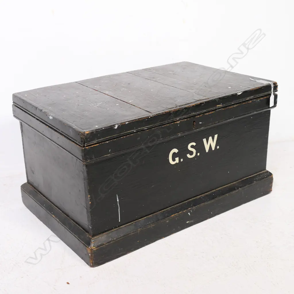A small Victorian period black painted pine storage box with plinth base. The front initialed G.S.W 660 x 430 x 370mm Image 1++