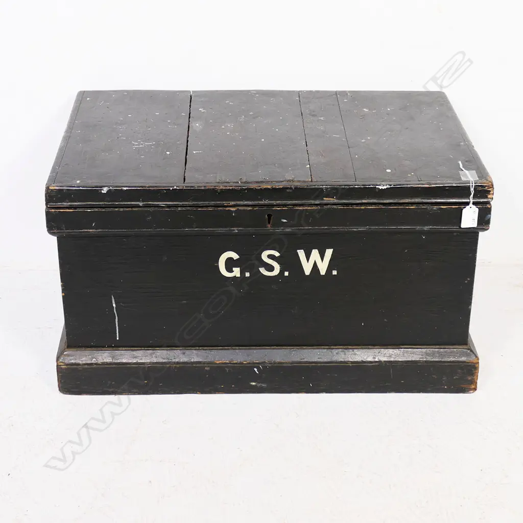 A small Victorian period black painted pine storage box with plinth base. The front initialed G.S.W 660 x 430 x 370mm Image 1++