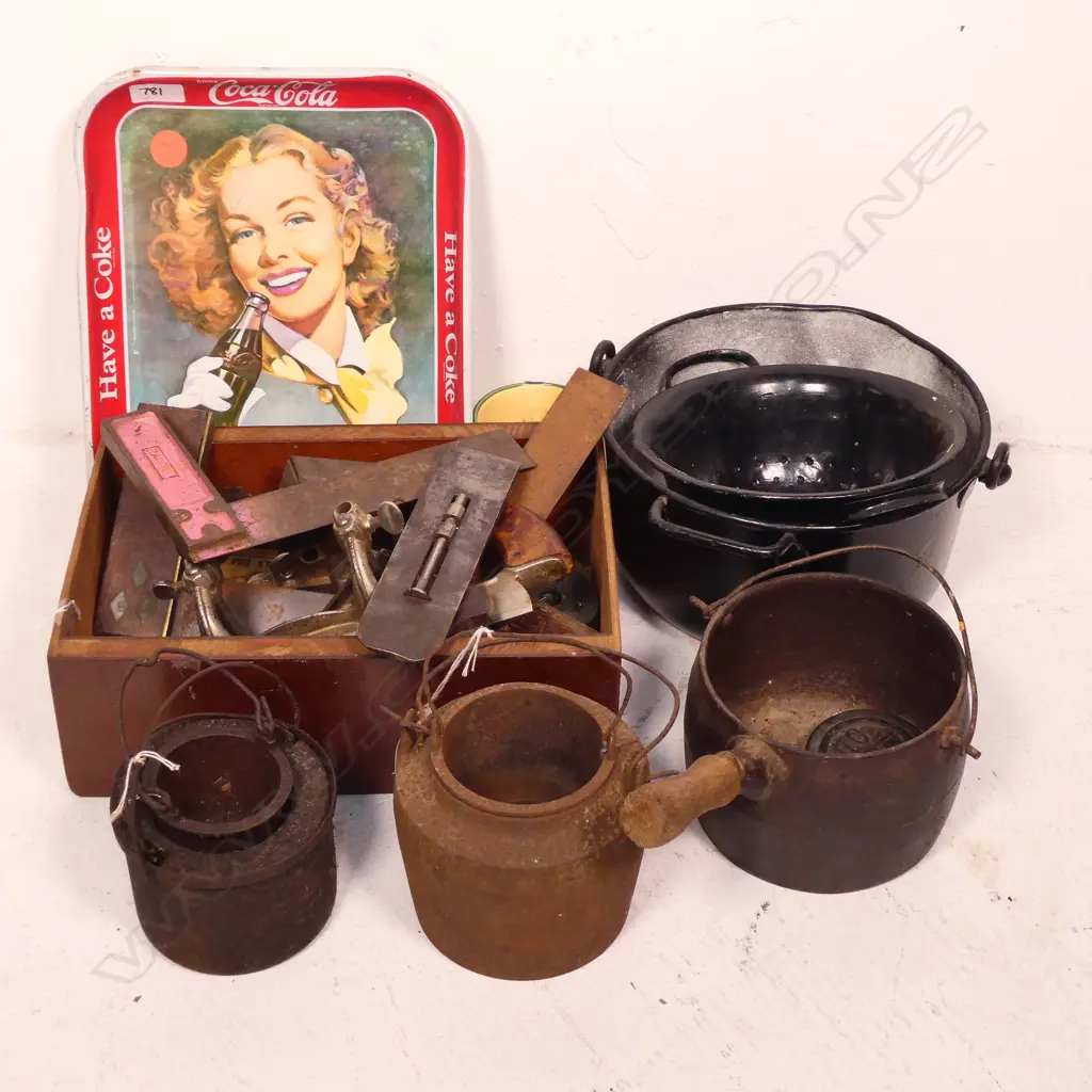 A Stanley 45 moulding plane and accessories, along with two old glue pots, and some tools Image 1++