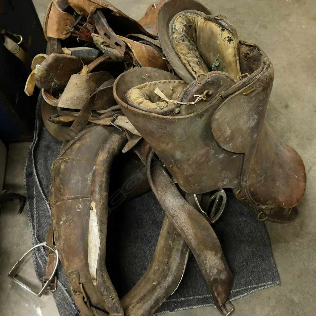 Three old leather military saddles and a horse collar Image 1++