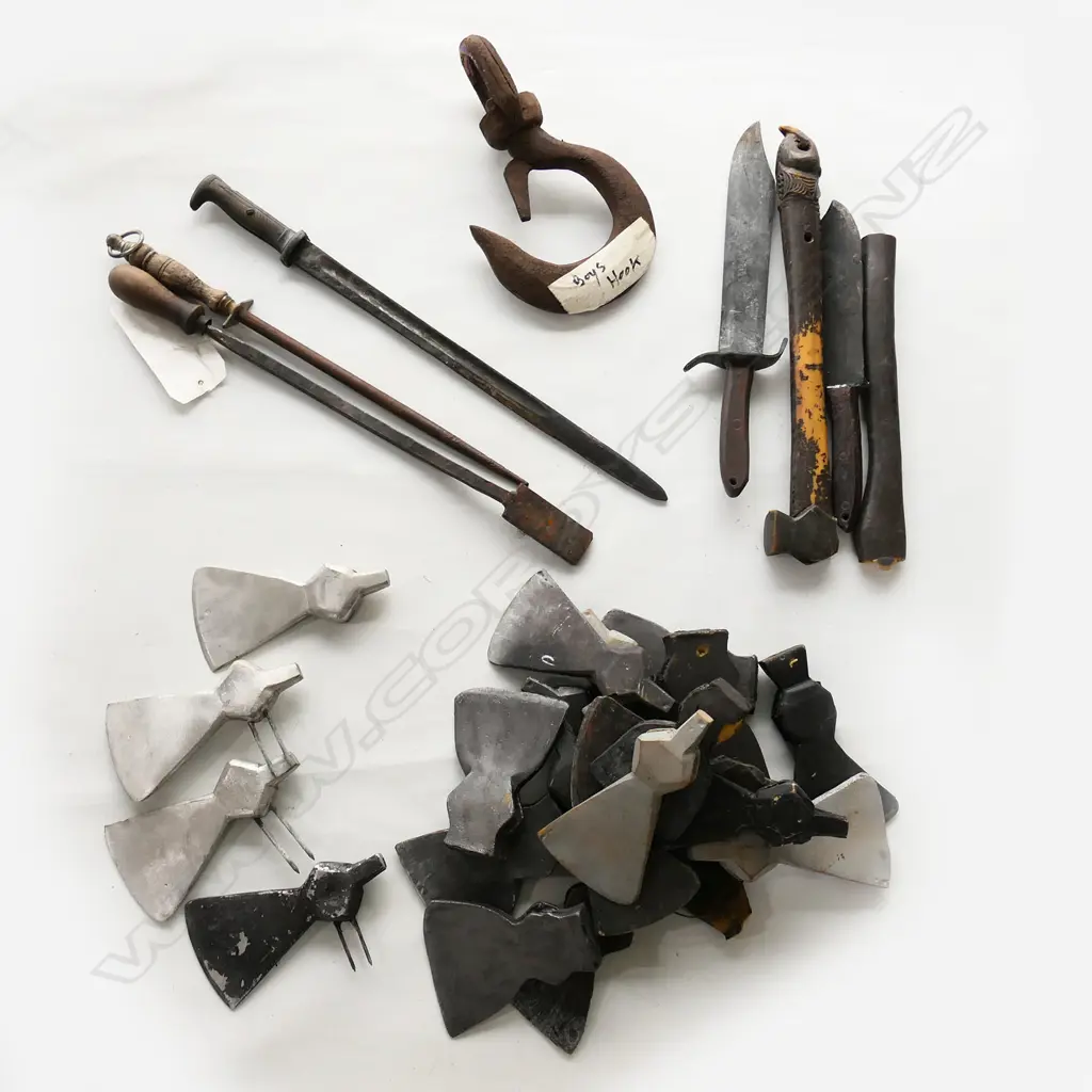 Box of film prop fake axe heads, bayonet, knives. Rubber, metal.  Ex River Queen movie Image 1++
