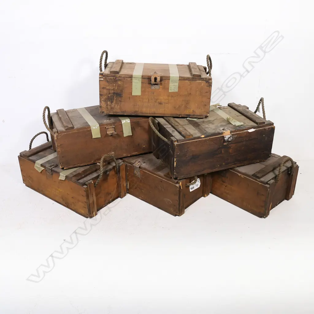 Six pine wooden ammunition boxes with hinged lids with clasp lock and rope carrying handles Image 1++