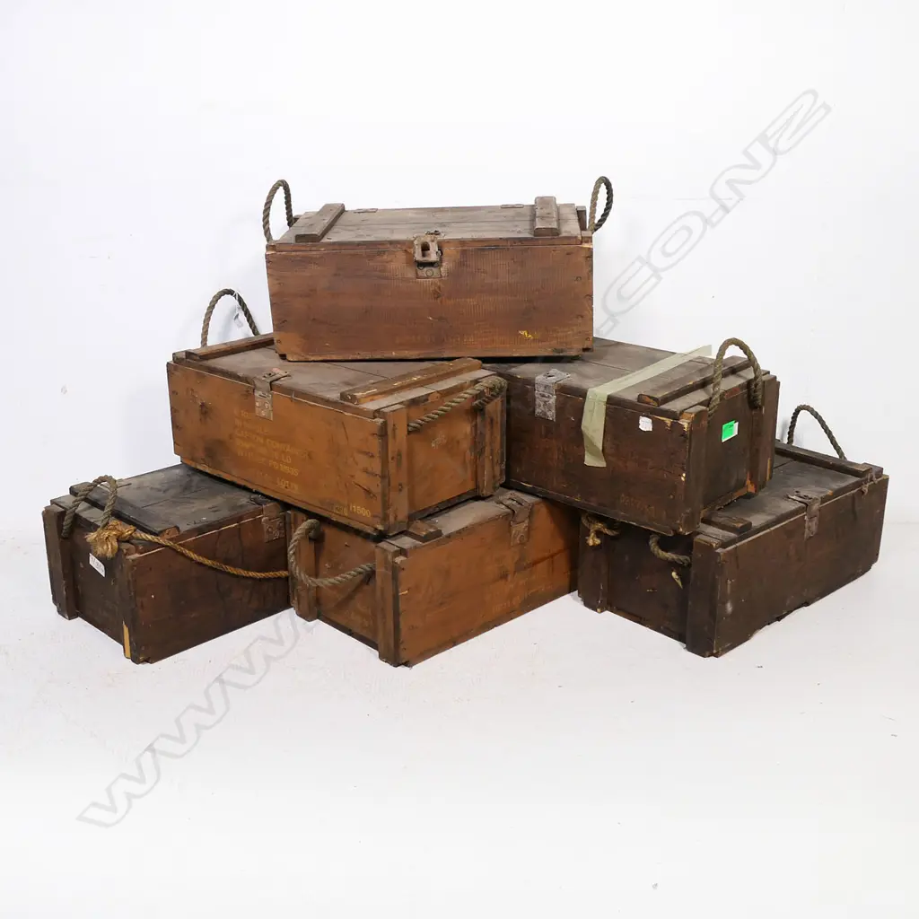 Six pine wooden ammunition boxes with hinged lids with clasp lock and rope carrying handles Image 1++