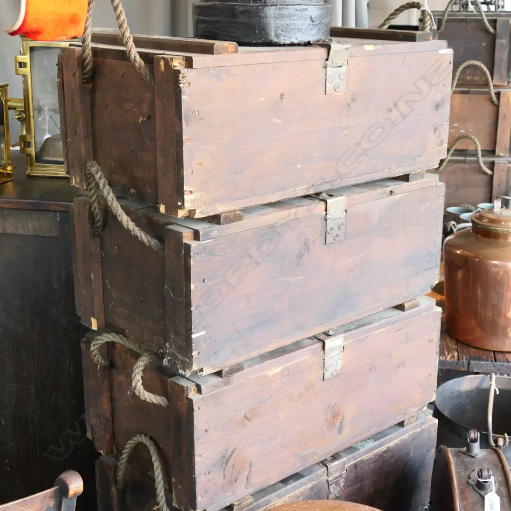 Six pine wooden ammunition boxes with hinged lids with clasp lock and rope carrying handles Image 1++