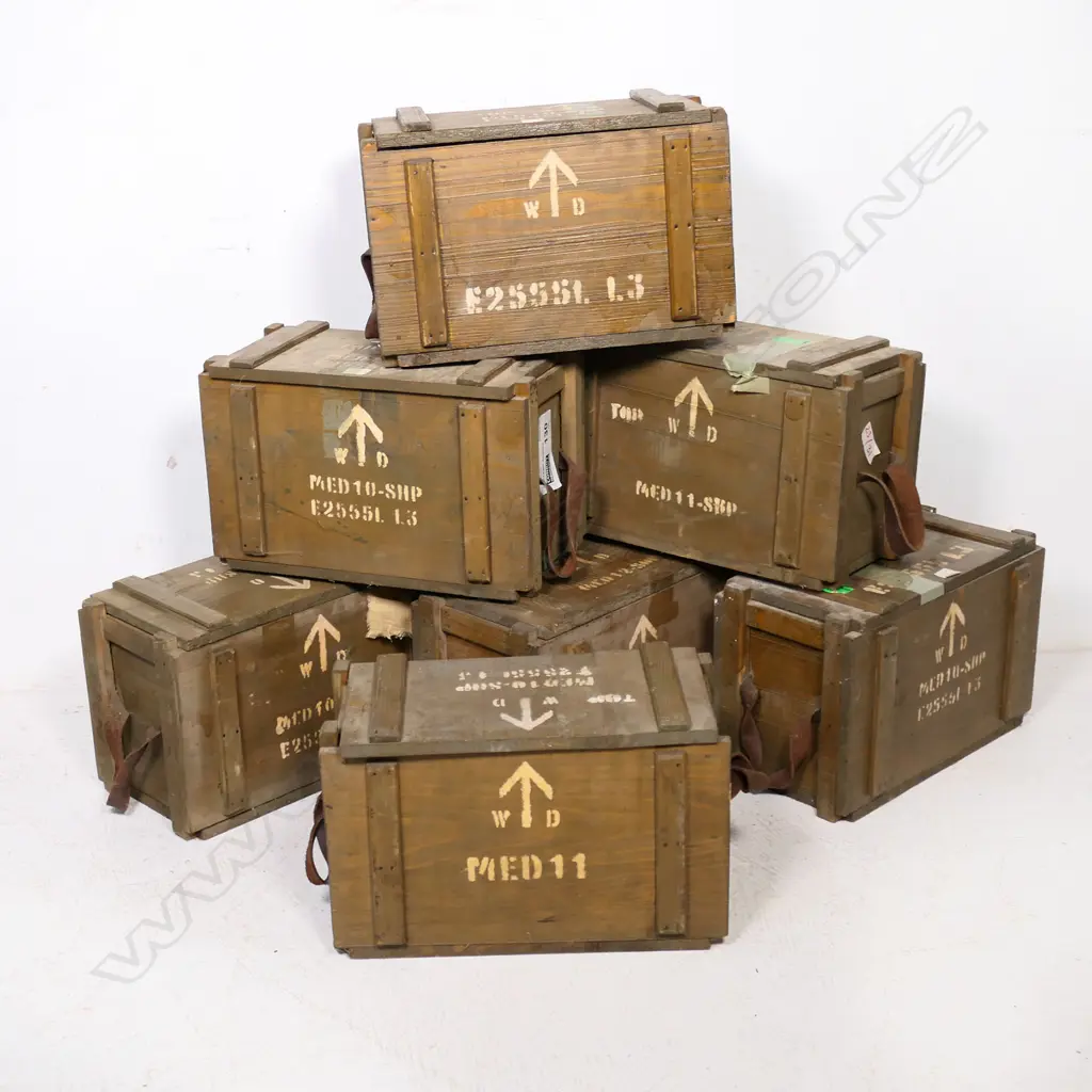 Seven pine wooden ammunition boxes with lids with leather carrying handles Image 1++