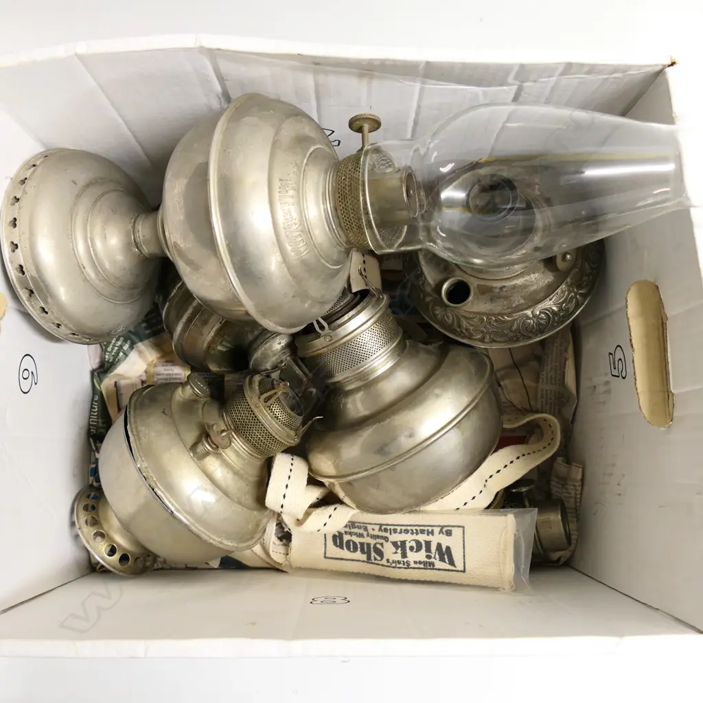 Box of Victorian paraffin lamp and lamp parts Image 1++