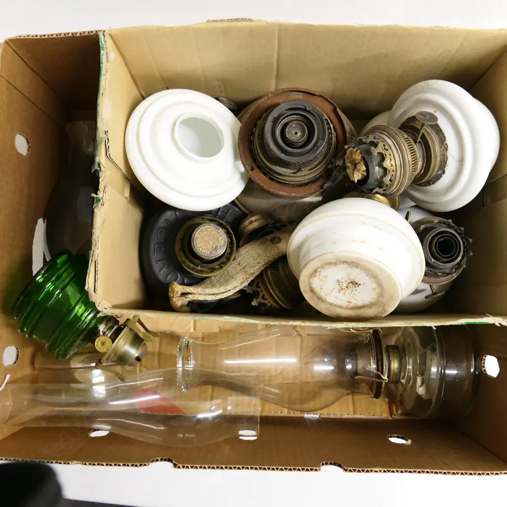 A box of early 19thC Kerosene light bases parts, along with three lamps Image 1++