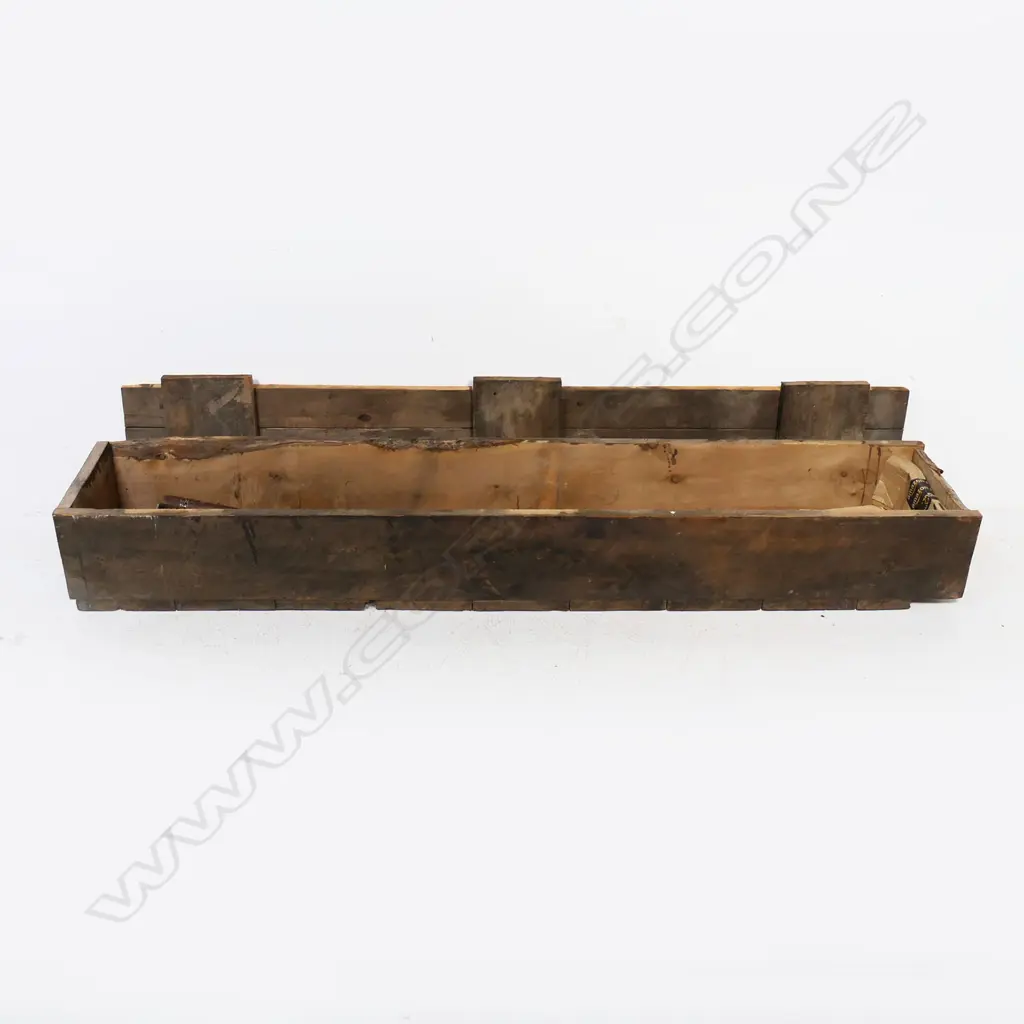 An antique French cast iron and fruitwood Coupmarc for use in a vineyard. L.1027mm, along with a log peavy and a handled adze with spare blade. Along with a long wood storage box Image 1++