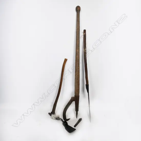 An antique French cast iron and fruitwood Coupmarc for use in a vineyard. L.1027mm, along with a log peavy and a handled adze with spare blade. Along with a long wood storage box