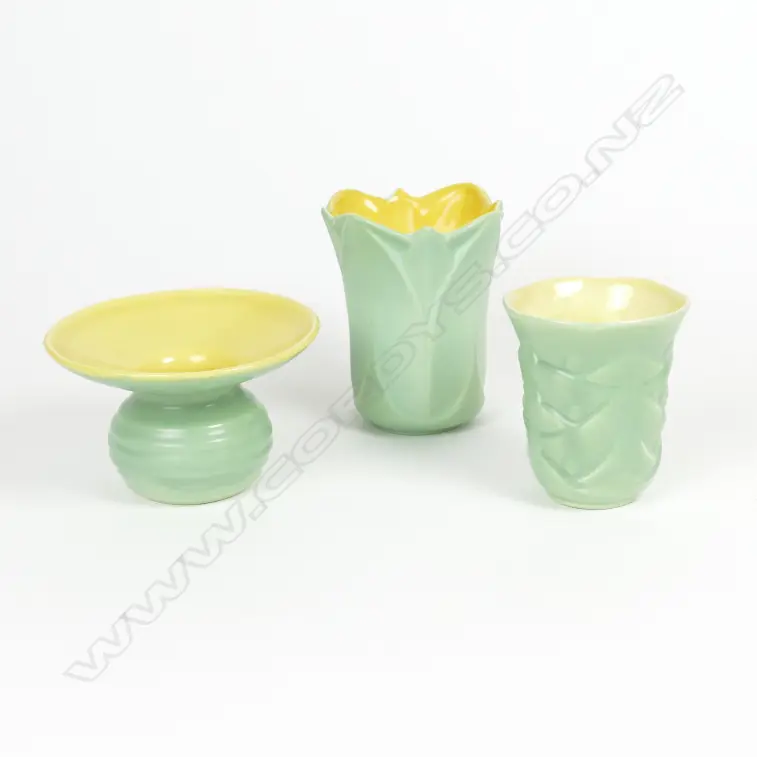3 GREEN GLAZED C.L. VASES, YELLOW INT; 54, 62 & 80 Image 1++