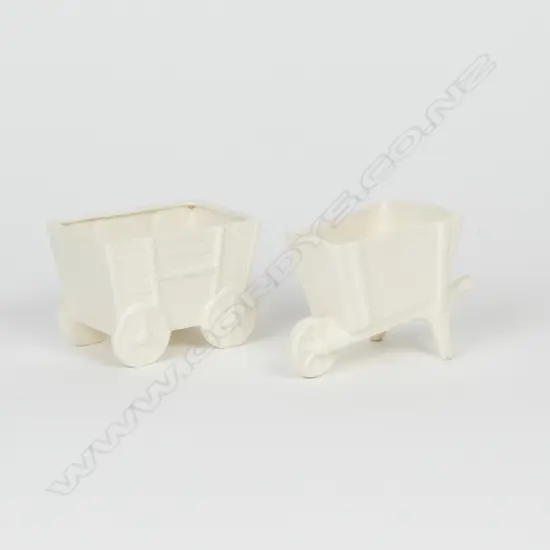 2 SM CREAM C.L VASES; WHEELBARROW/CARRIAGE
