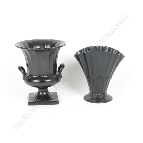 2 LG BLACK C.L FAN VASES, .966. & 1 OTHER