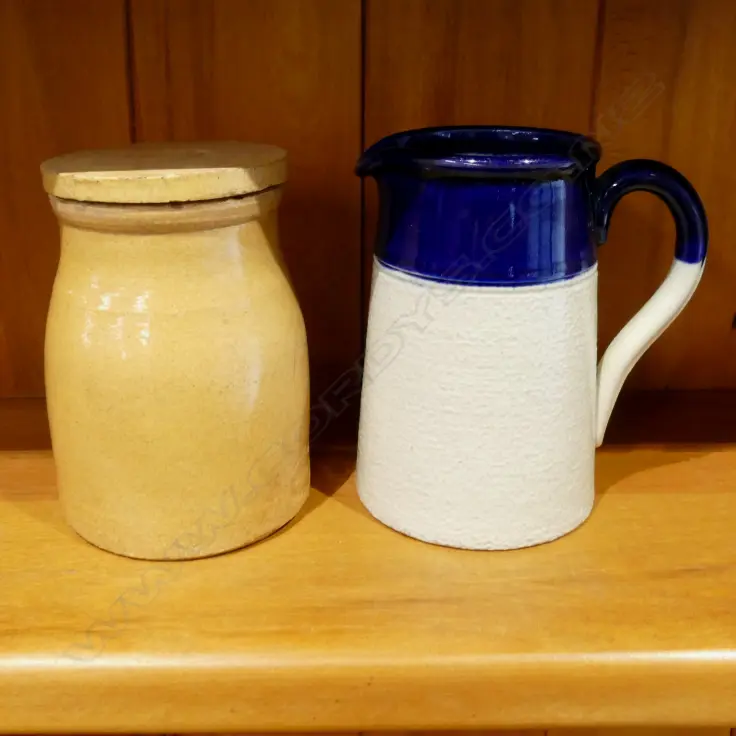 2 EARLY NZ COLONIAL POTTERY PCS; JUG & JAR Image 1++