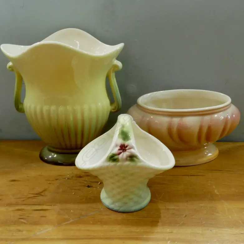 3 C/LYNN GLAZED PCS; 2 VASES & 1 BASKET Image 1++