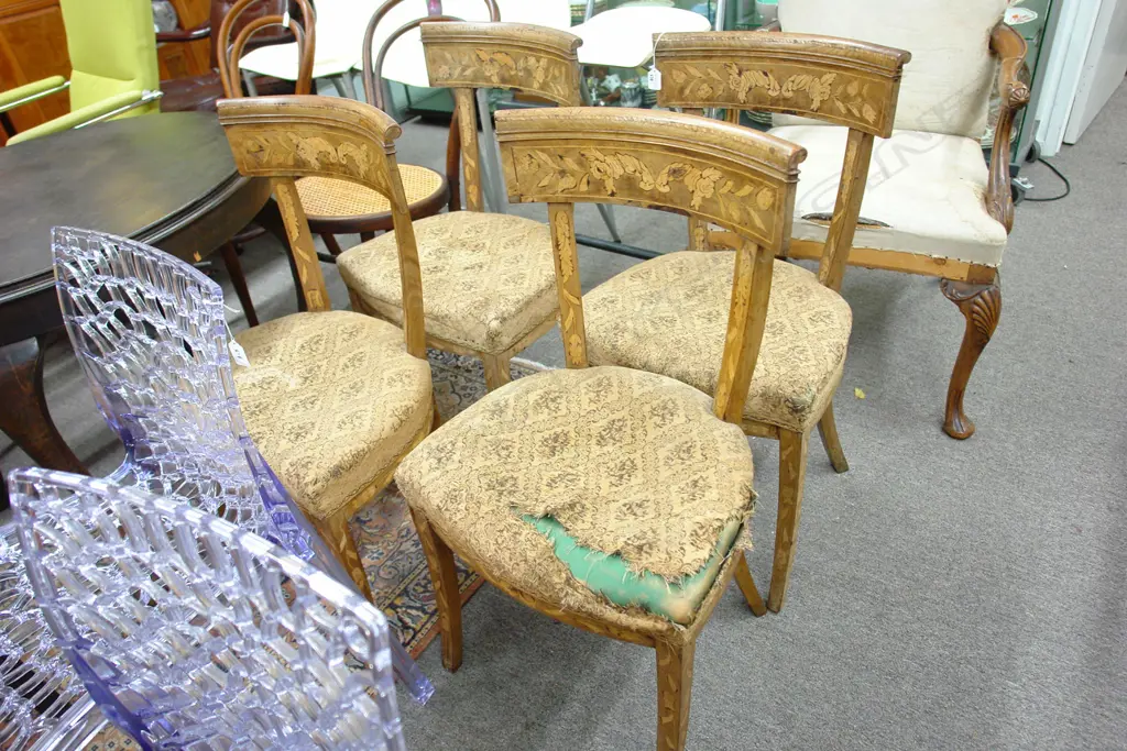 4 19THC MARQUETRY INLAID SIDE CHAIRS SABRE LEGS Image 1++