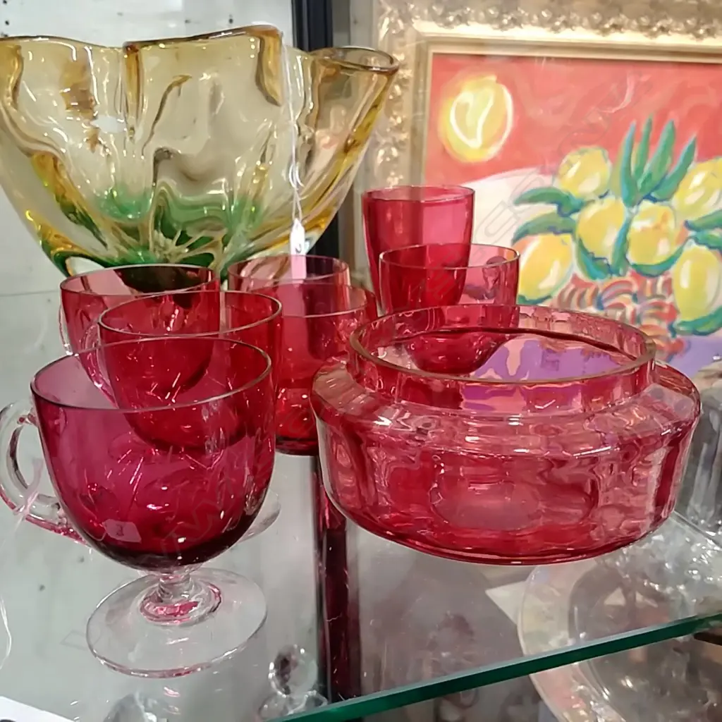 CRANBERRY GLASS SET (7) +BOWL AKLD EXHIBITION 1907 Image 1++