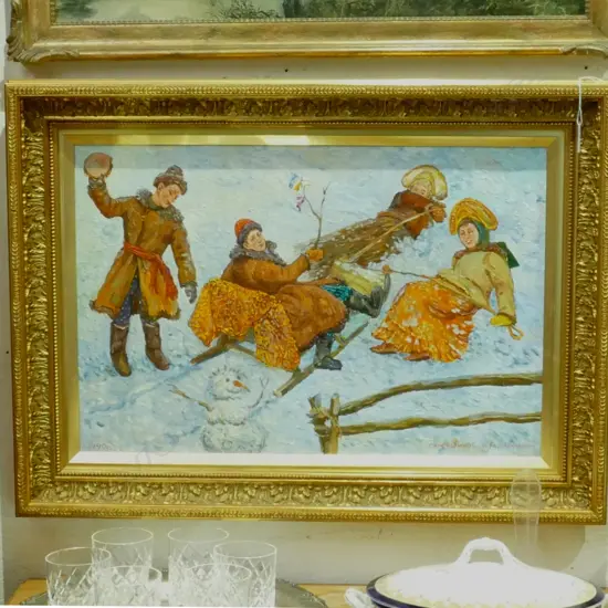 SIGNED OIL 'CHILDREN PLAYING IN SNOW'