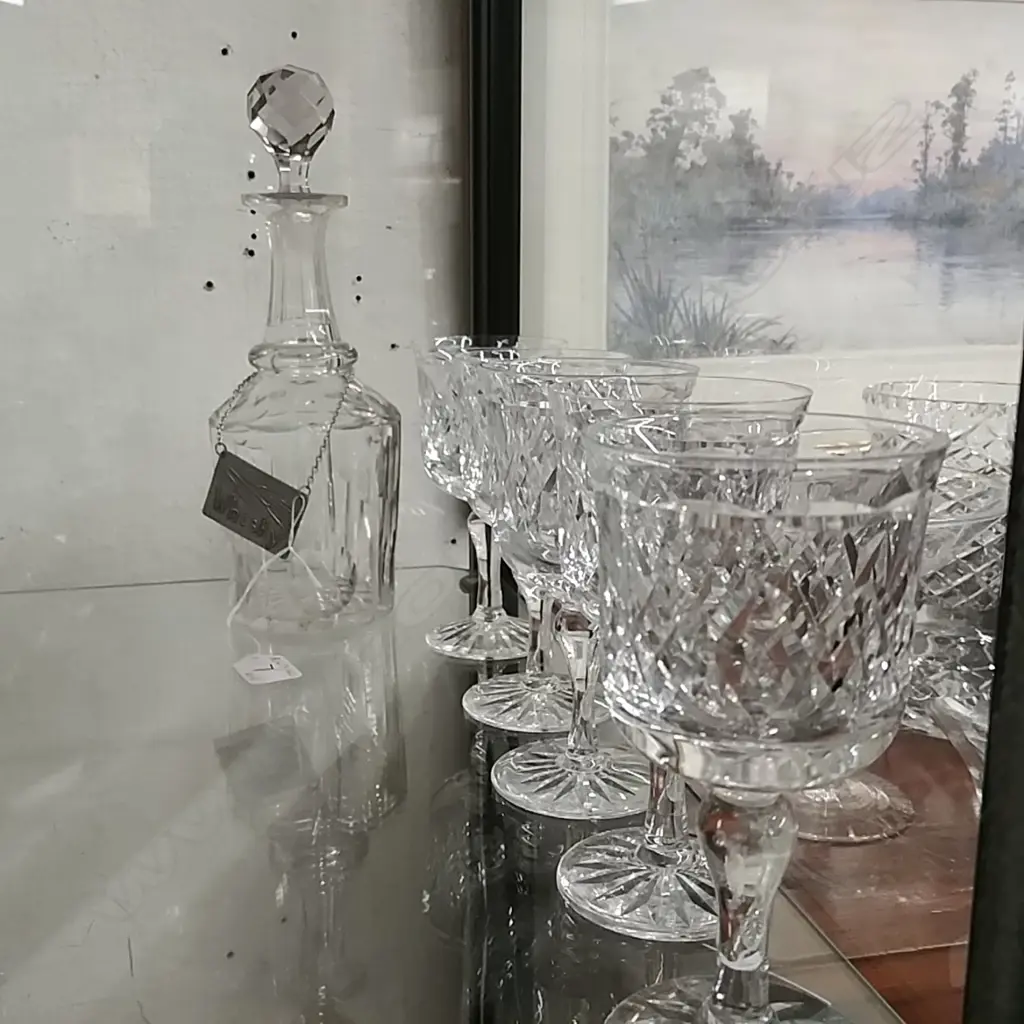 ANT.CRYSTAL DECANTER-LABEL-5 CRYSTAL WINE GLASSES Image 1++