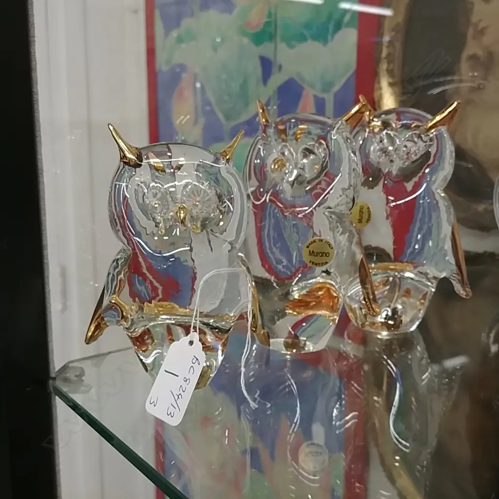 3 MURANO GLASS OWLS-GOLD TIPS Image 1++
